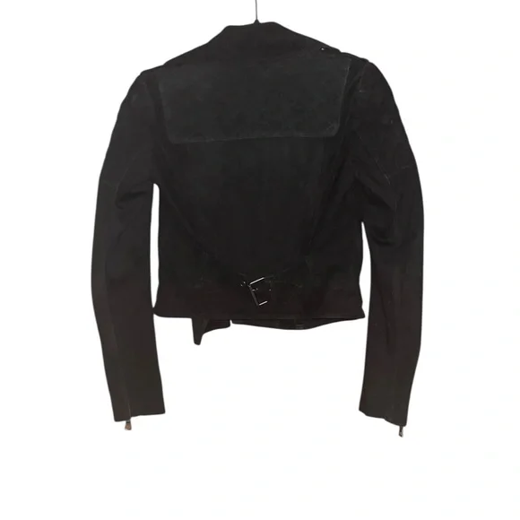 Alice + Olivia Miles Genuine Goat Suede Leather Quilted Zip Moto Jacket Black - Picture 2 of 10